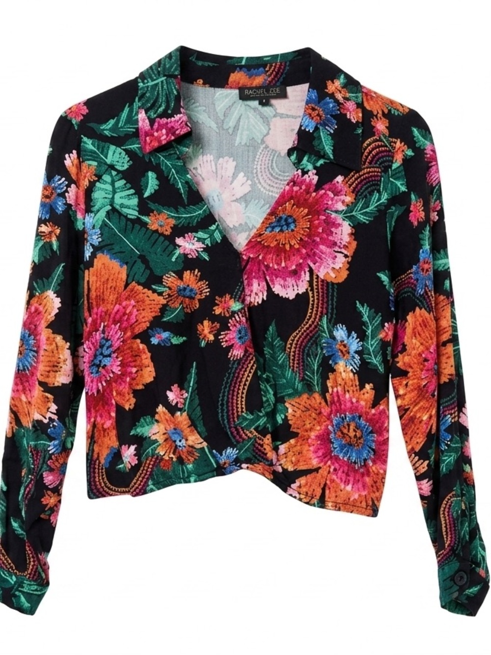 Rachel Zoe Black Floral Button-Front Crop Blouse